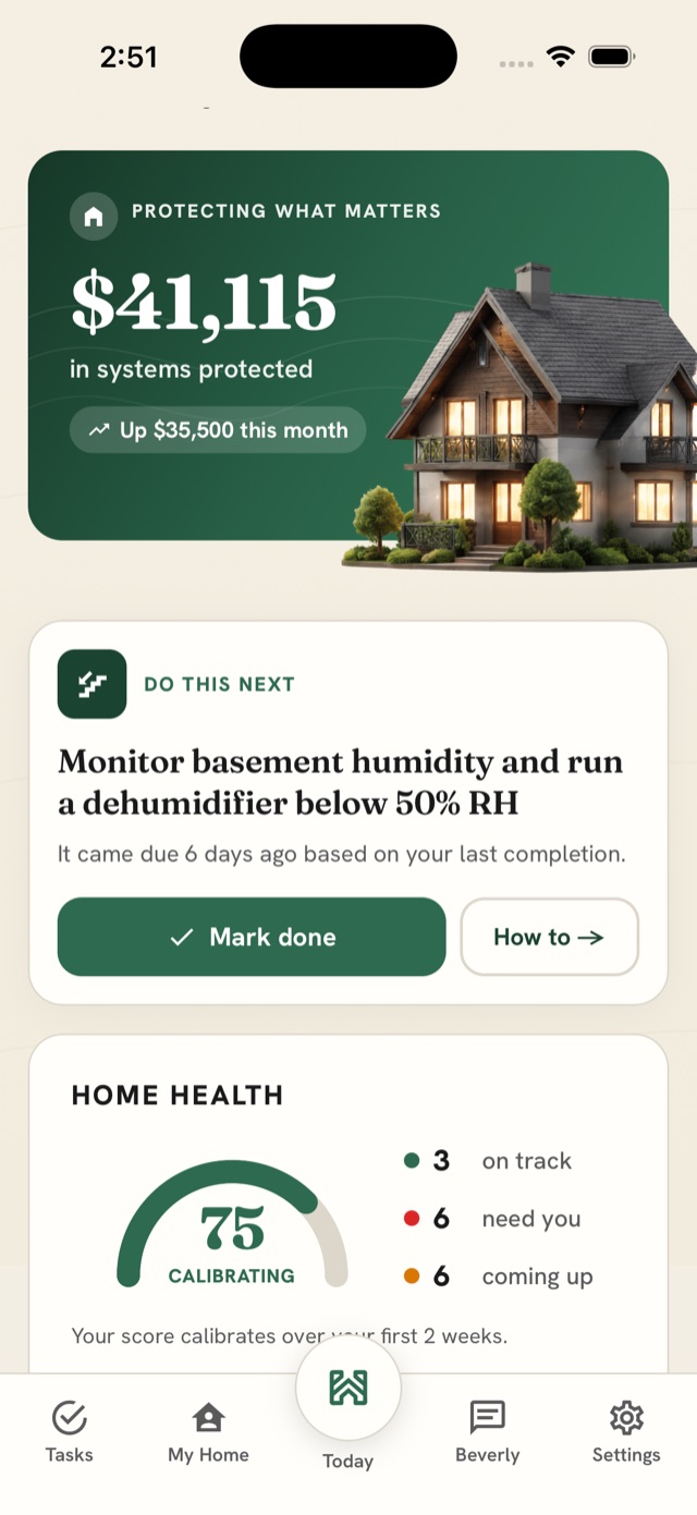 The Eaverly app — today's task, home-health score, and total value of systems protected
